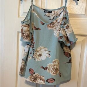 SHEIN Blue Asymmetrical Ruffled Blouse cold shoulder